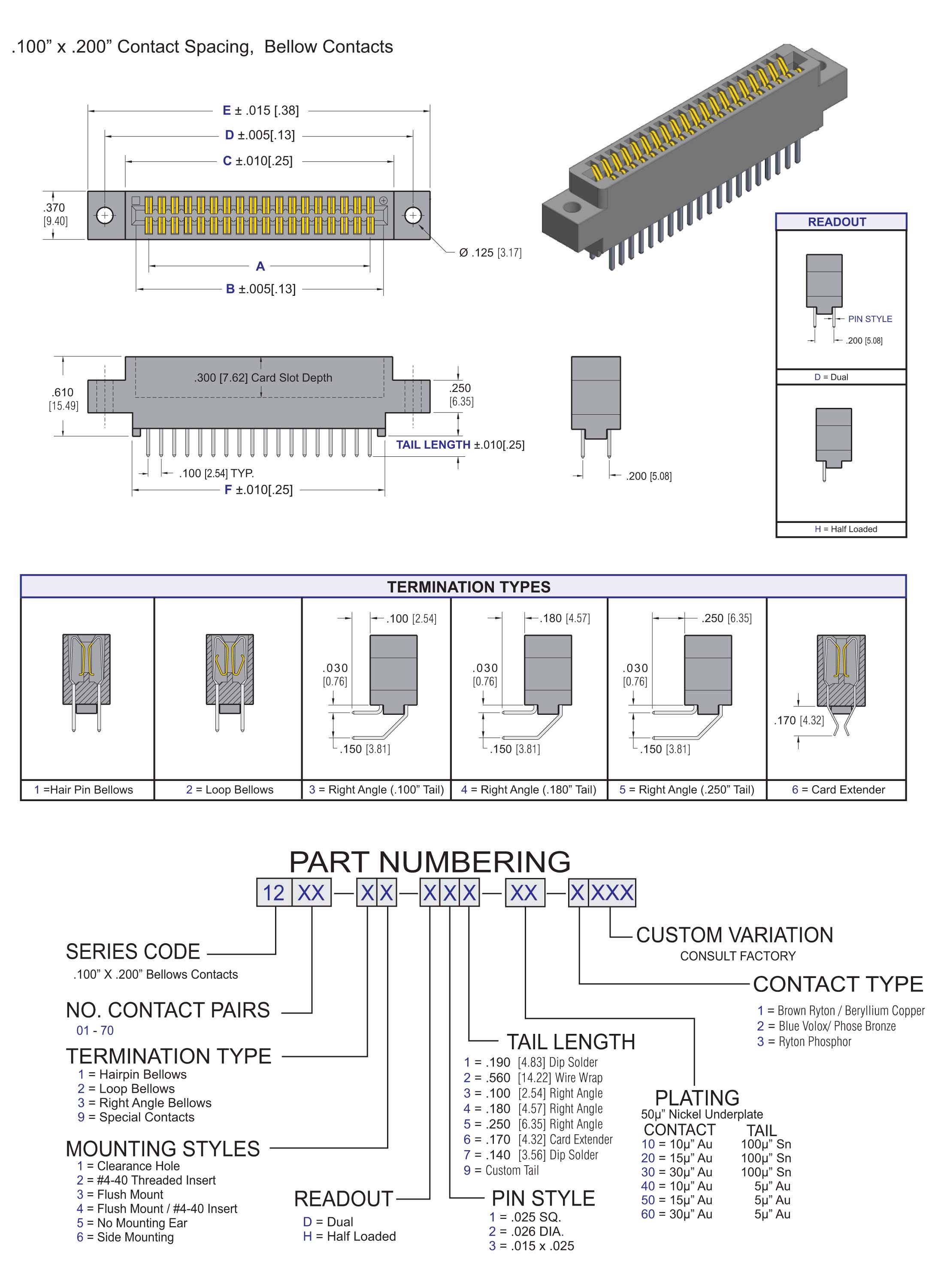 ECS 1200 Series, .100" x .200" Contact Spacing Centers, Bellows Contacts Card Edge Connector