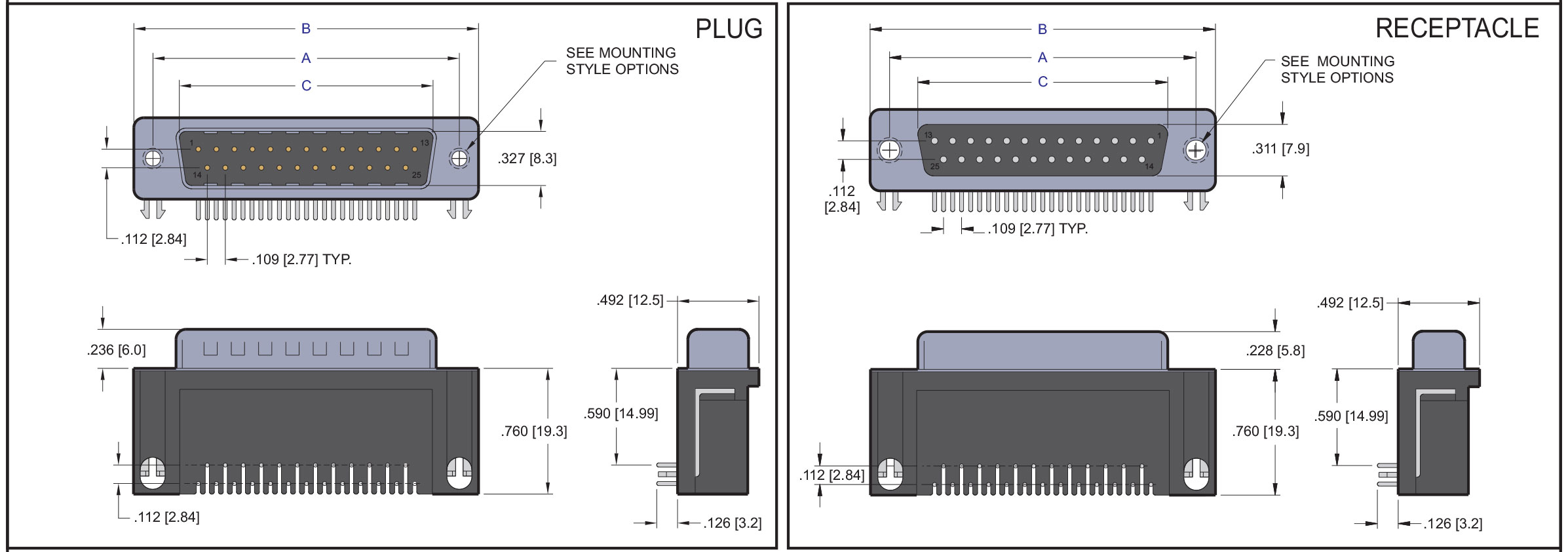 D Subminiature 590 Right Angle PCB Mount