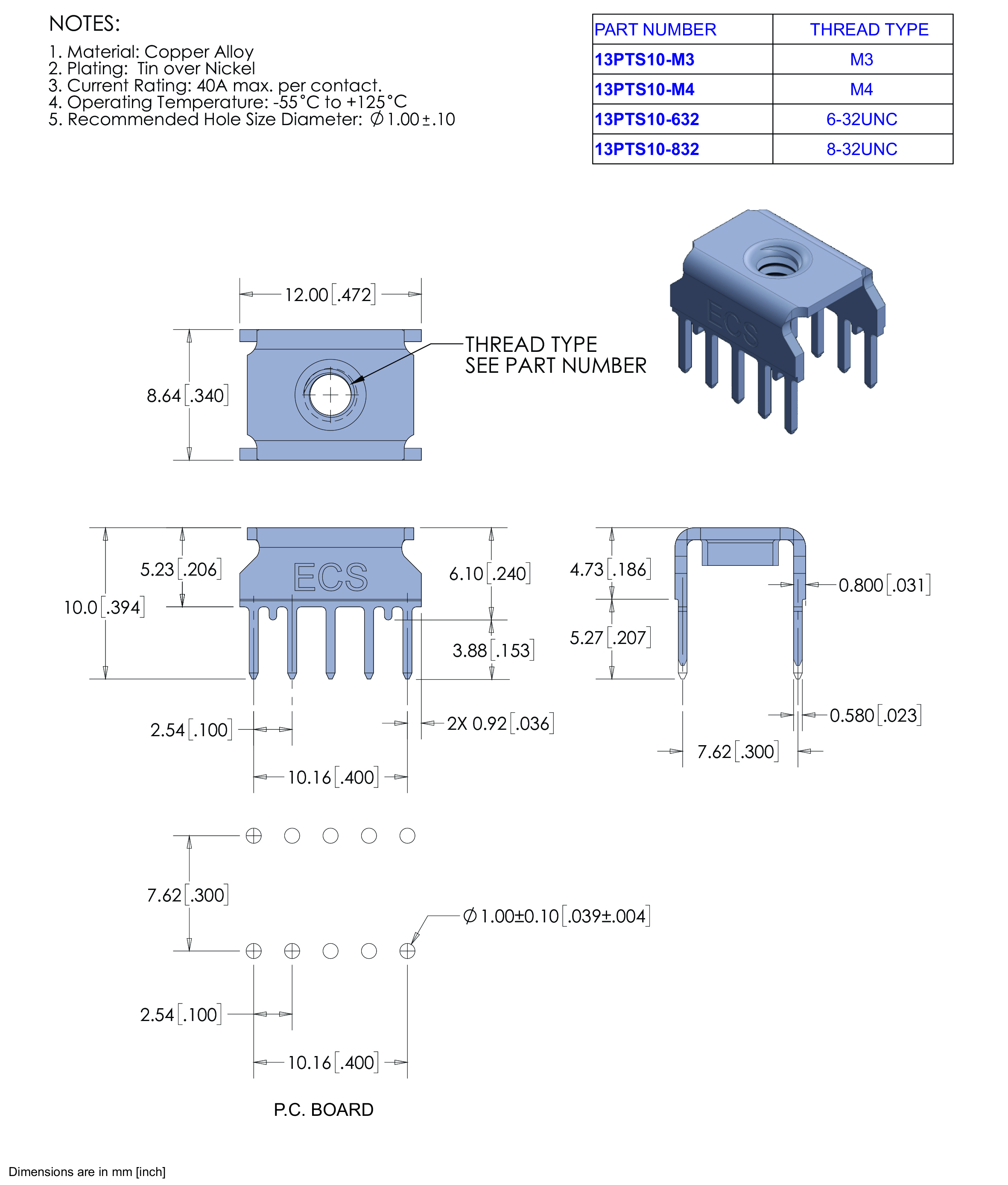 ECS 2500 Series Card Edge Connectors, High Profile SLC 96 .125" x .125" Contact Spacing, Press Fit