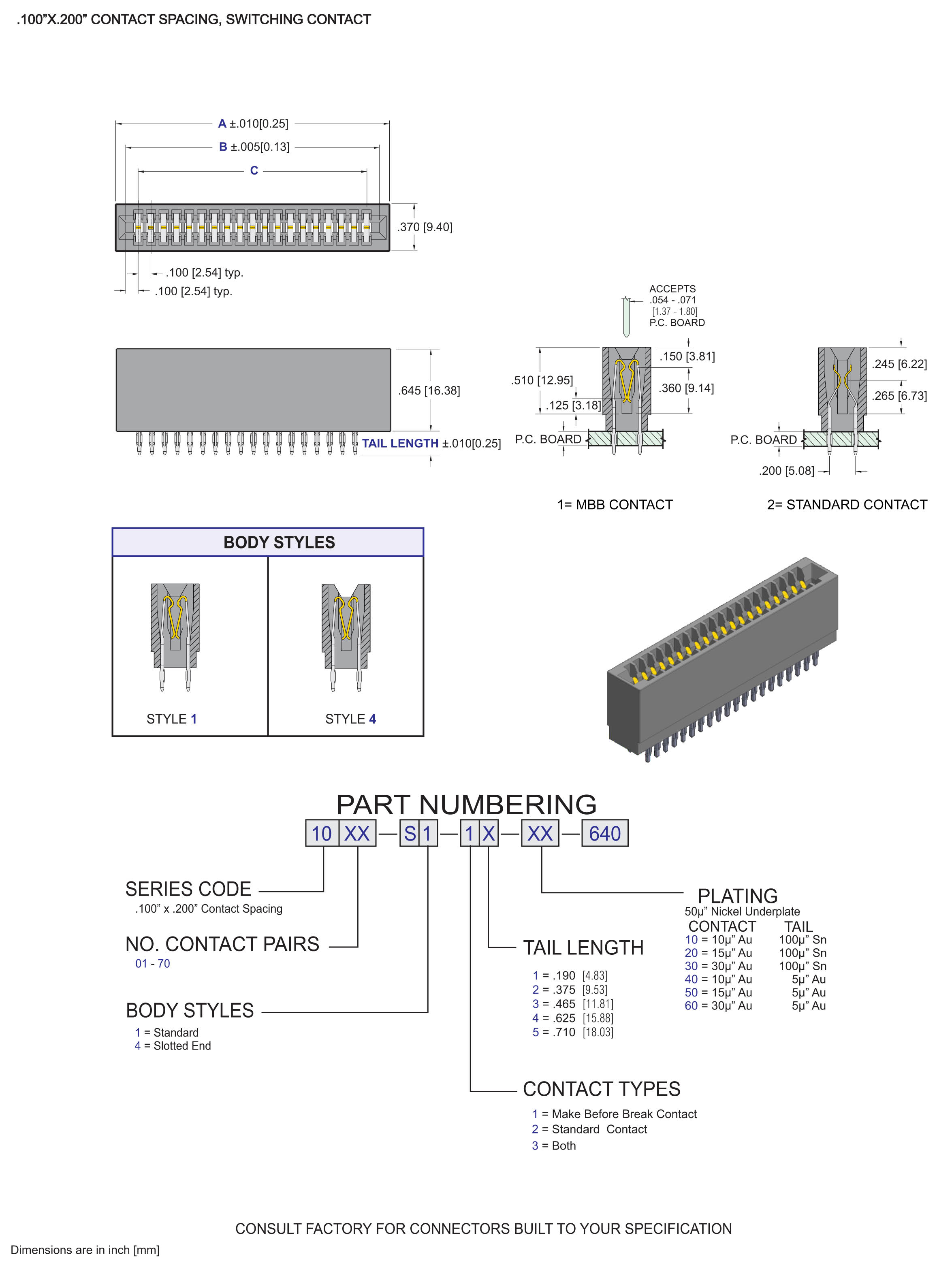 ECS 1000 Series Card Edge Connectors .100" x .200" Contact Spacing, Switching Contact