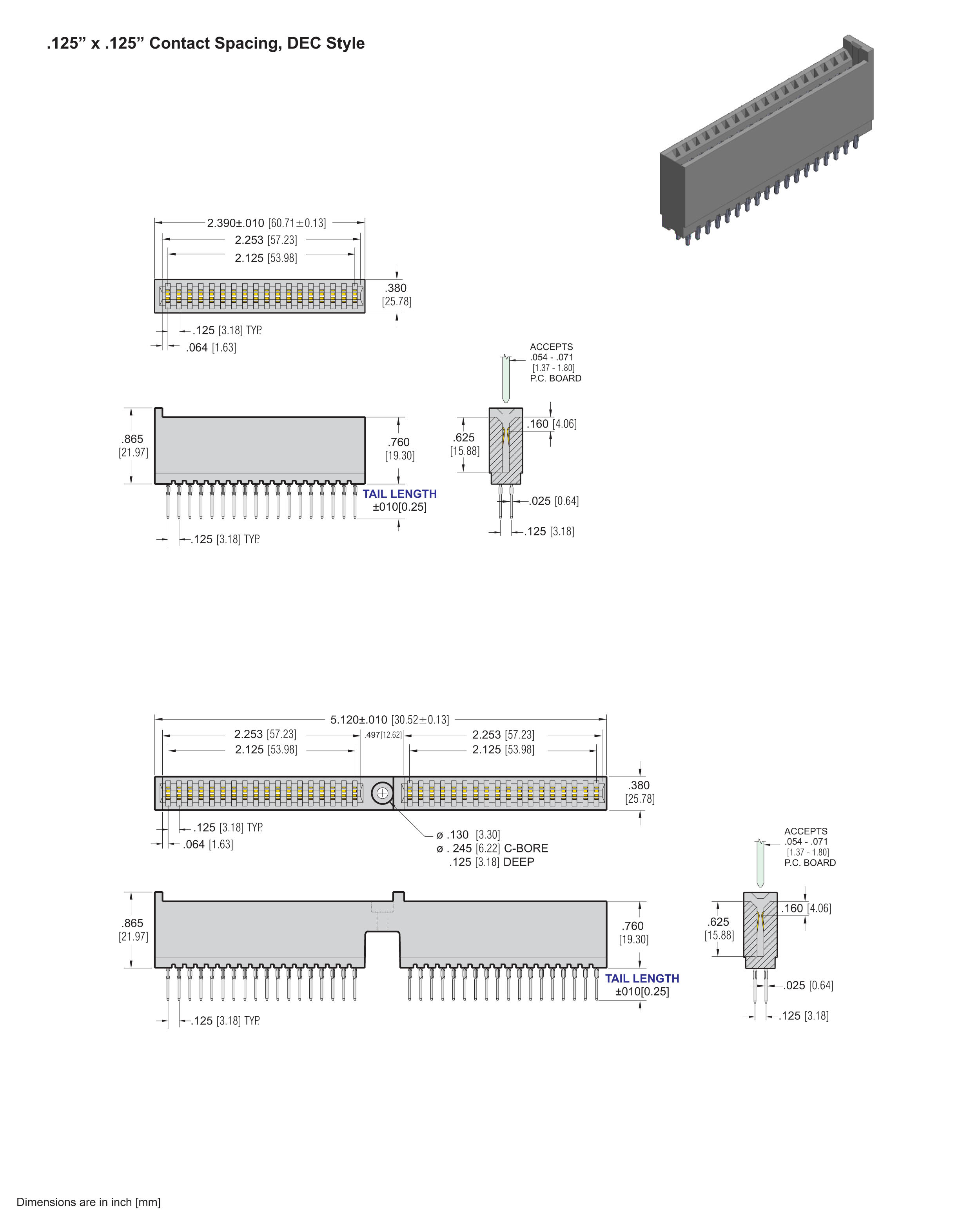 ECS 2400 Series Card Edge Connectors, DEC Style .125" x .125" Contact Spacing, Press Fit