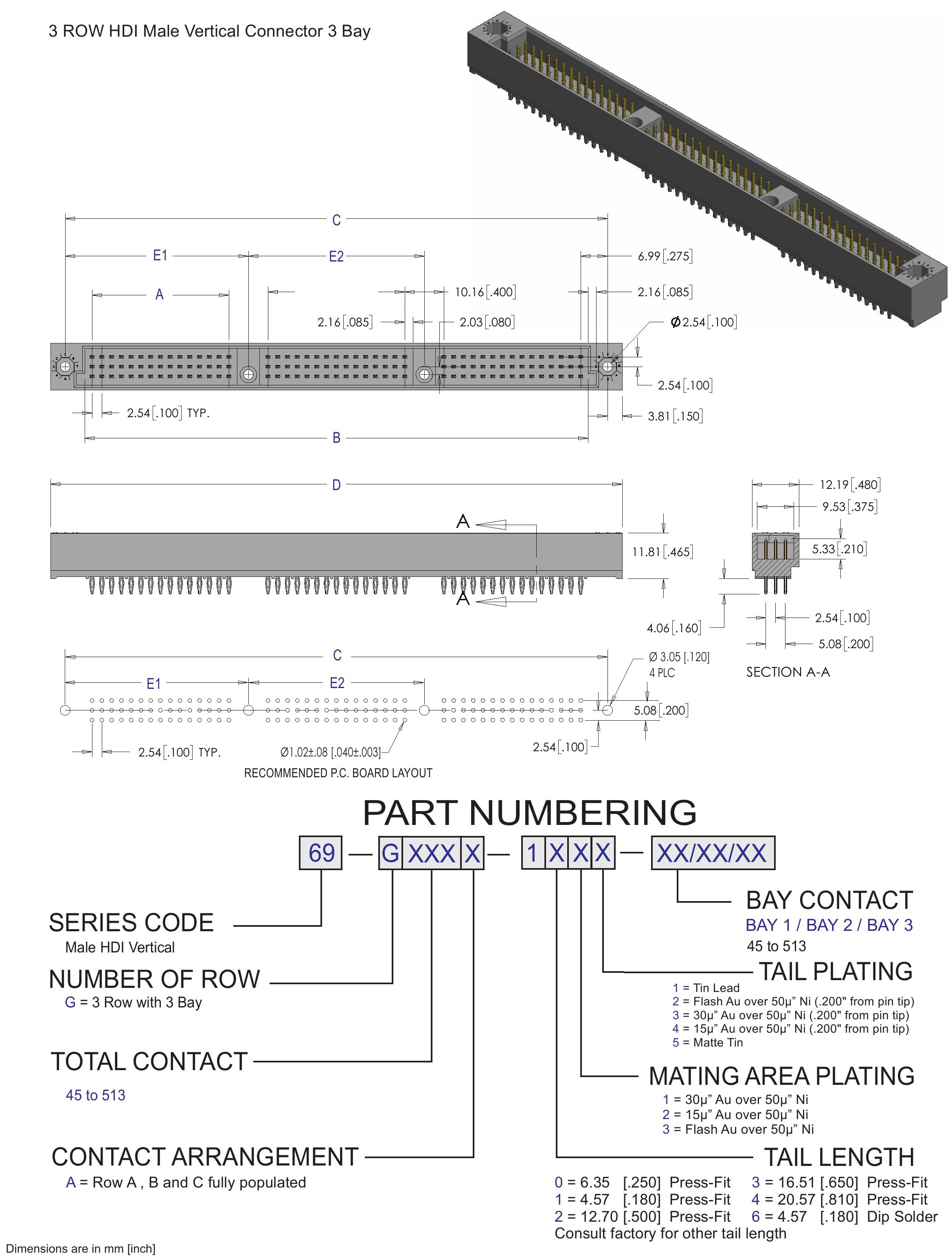 ECS 3 Row HDI Male Vertical 3 Bay Connector