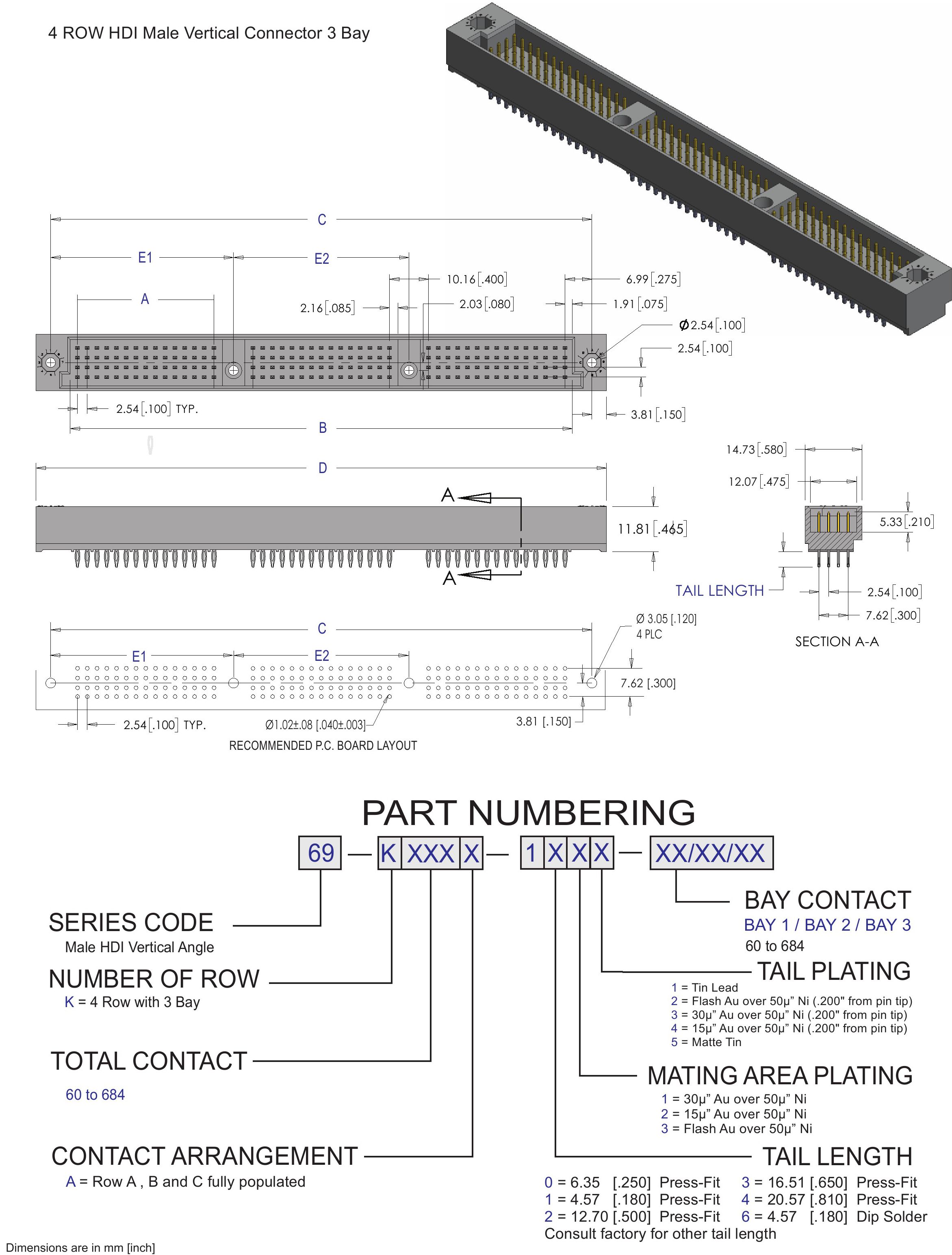 ECS 4 Row HDI Male Vertical 3 Bay Connector